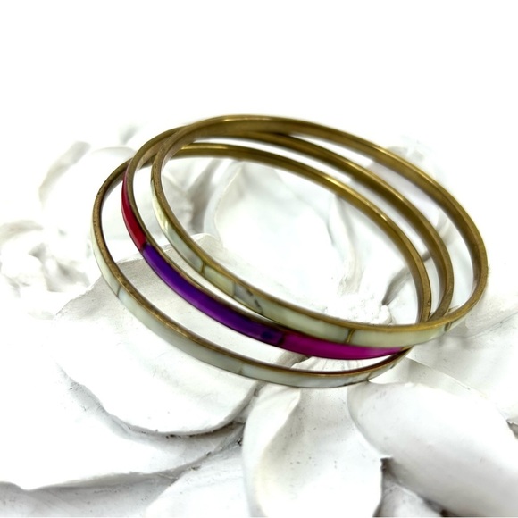 Brass Bangles Set of 3 Inlayed with Mother of Pearl and Abalone Shell - Picture 3 of 6